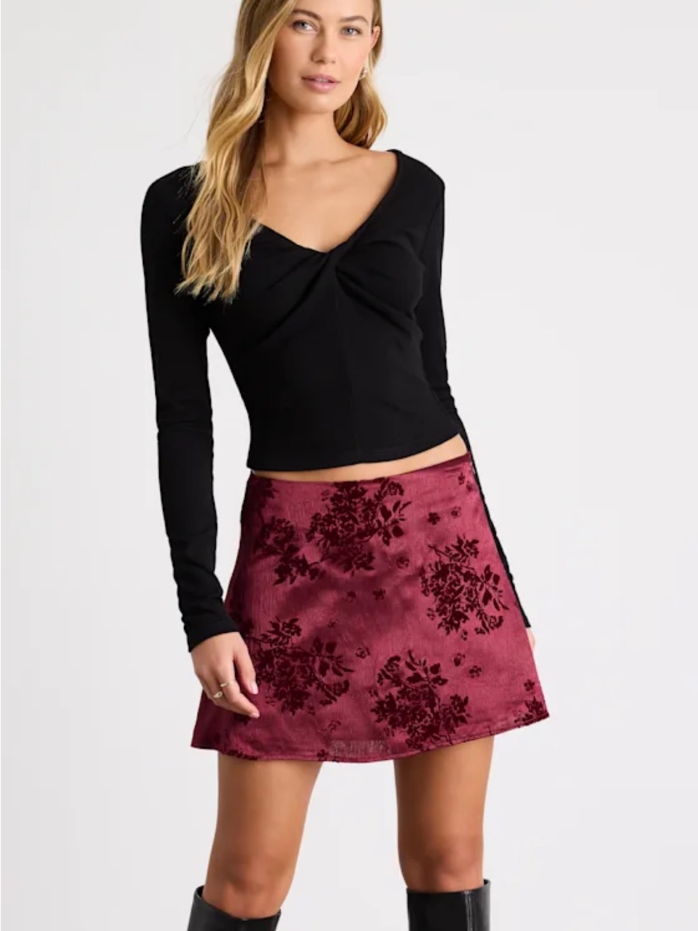 Lulu's Burgundy Velvet Burnout Floral Mini Skirt